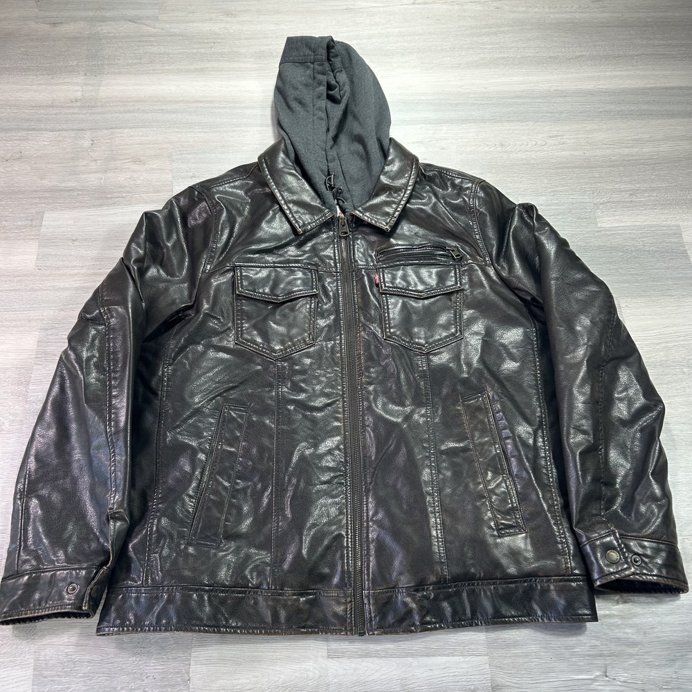 Levi's Jacket Mens Large Brown Faux Leather Hooded Sherpa Lined Biker Full Zip